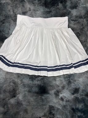 Sincerly Jules White Pleated Skirt with Navy Stripes